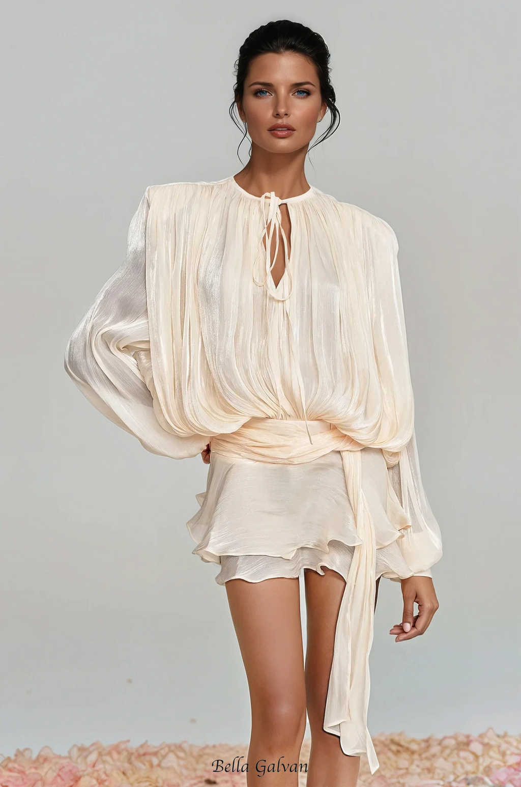 hermosa Balloon Sleeve Ruch Ruffle Mini Dress In Apricot