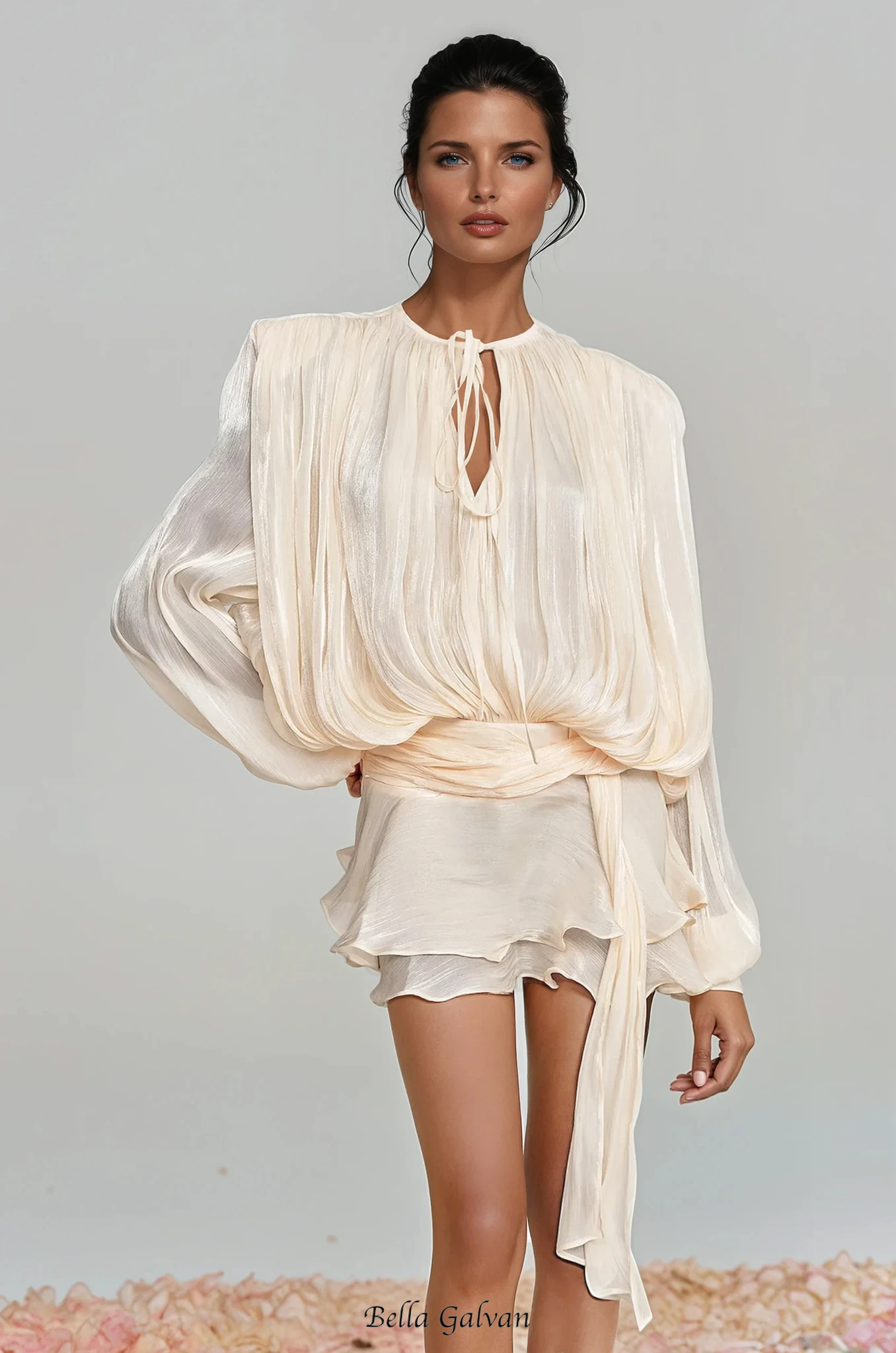 hermosa Balloon Sleeve Ruch Ruffle Mini Dress In Apricot