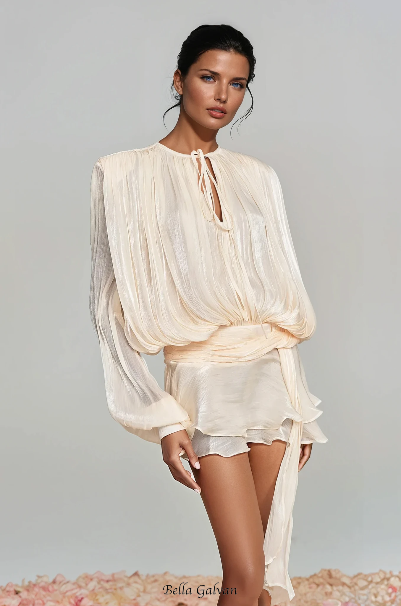 hermosa Balloon Sleeve Ruch Ruffle Mini Dress In Apricot