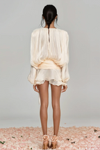 hermosa Balloon Sleeve Ruch Ruffle Mini Dress In Apricot