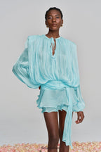 hermosa Balloon Sleeve Ruch Ruffle Mini Dress In Baby Blue