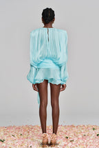 hermosa Balloon Sleeve Ruch Ruffle Mini Dress In Baby Blue