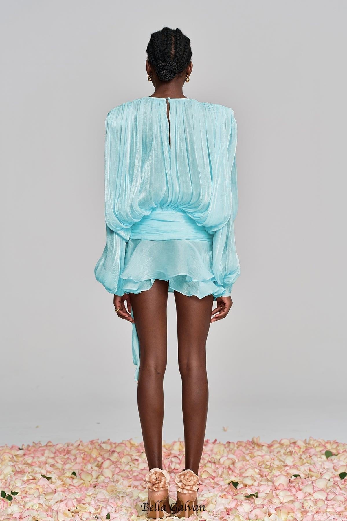 hermosa Balloon Sleeve Ruch Ruffle Mini Dress In Baby Blue
