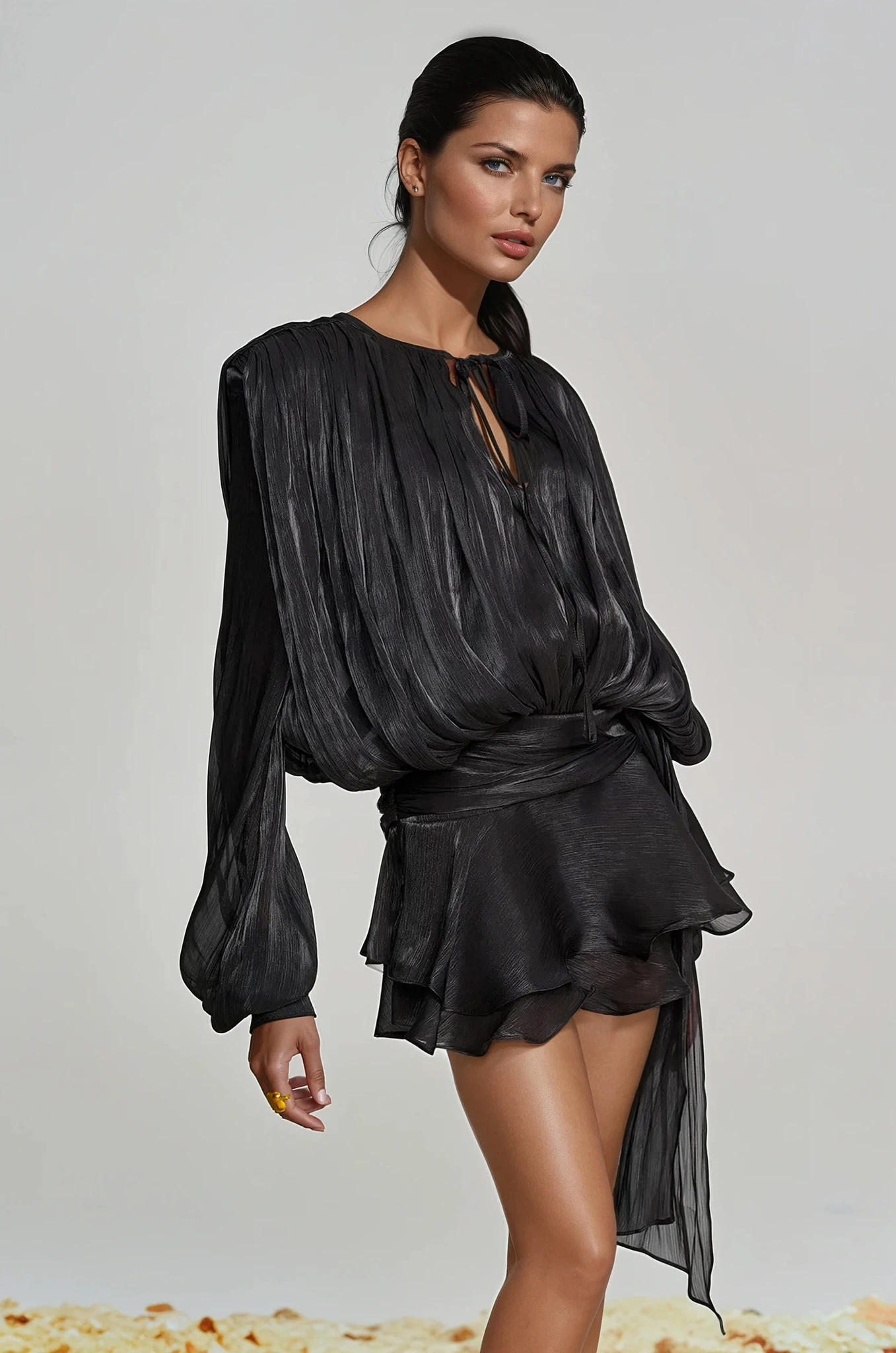 hermosa Balloon Sleeve Ruch Ruffle Mini Dress In Black