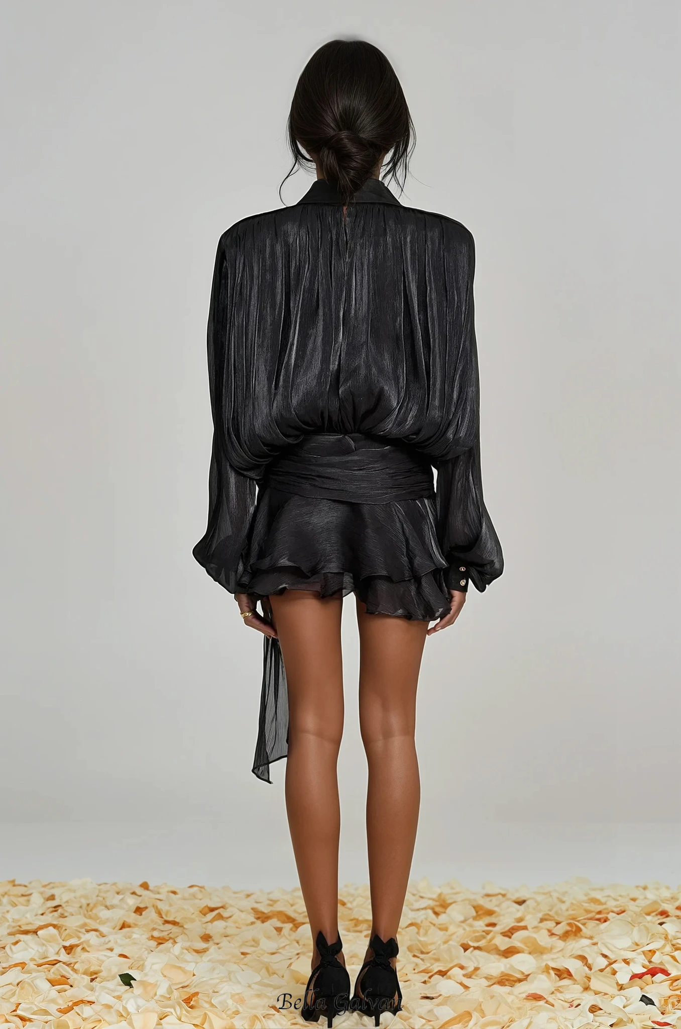 hermosa Balloon Sleeve Ruch Ruffle Mini Dress In Black