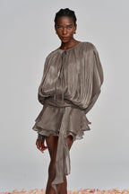 hermosa Balloon Sleeve Ruch Ruffle Mini Dress In Brown