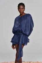 hermosa Balloon Sleeve Ruch Ruffle Mini Dress In Deep Blue