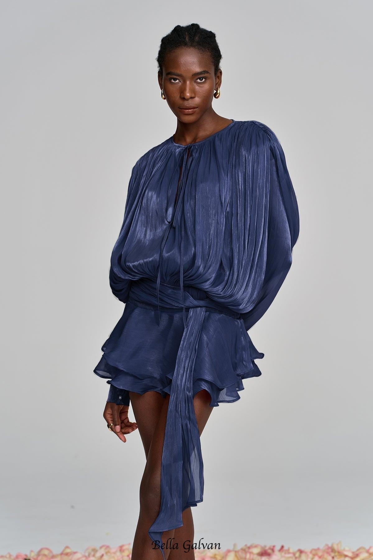 hermosa Balloon Sleeve Ruch Ruffle Mini Dress In Deep Blue