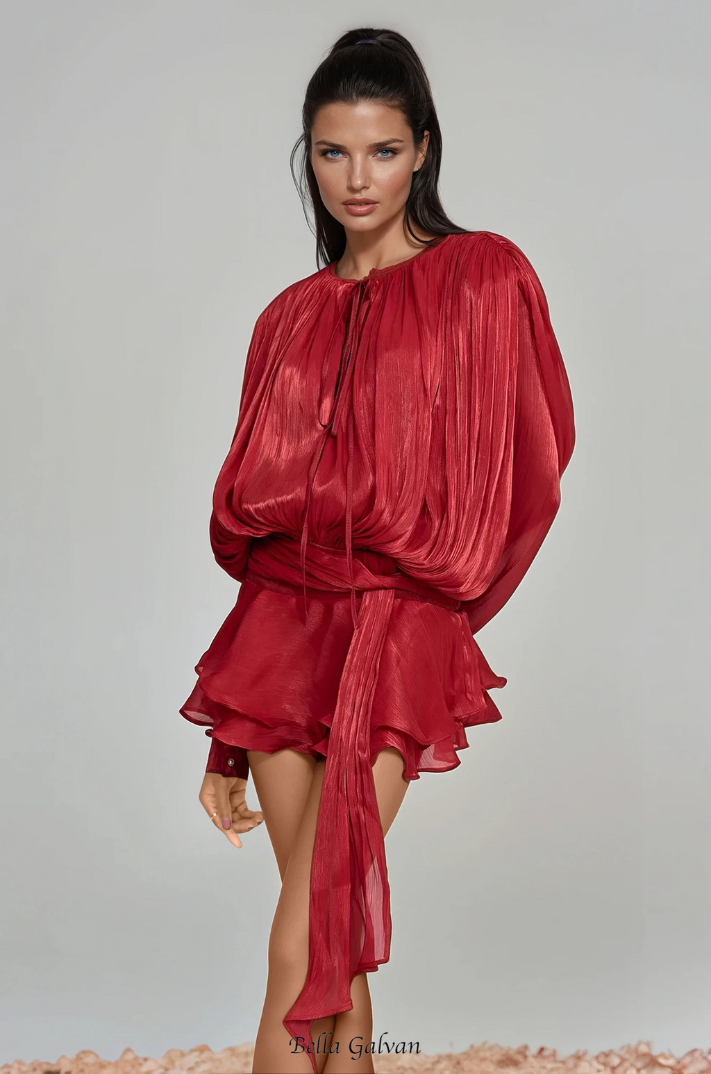 hermosa Balloon Sleeve Ruch Ruffle Mini Dress In Red