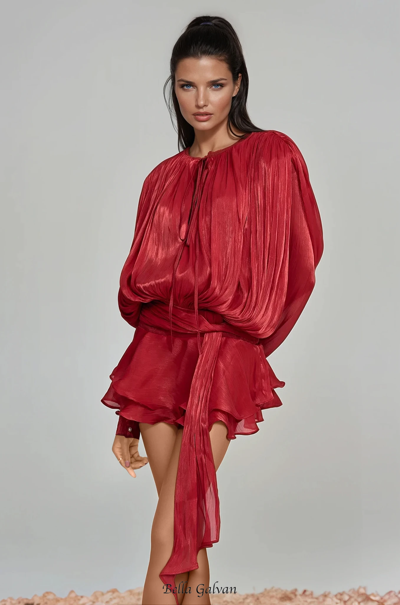 hermosa Balloon Sleeve Ruch Ruffle Mini Dress In Red