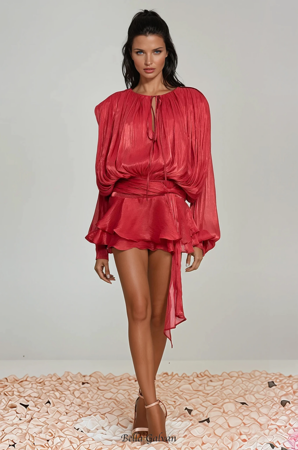 hermosa Balloon Sleeve Ruch Ruffle Mini Dress In Red
