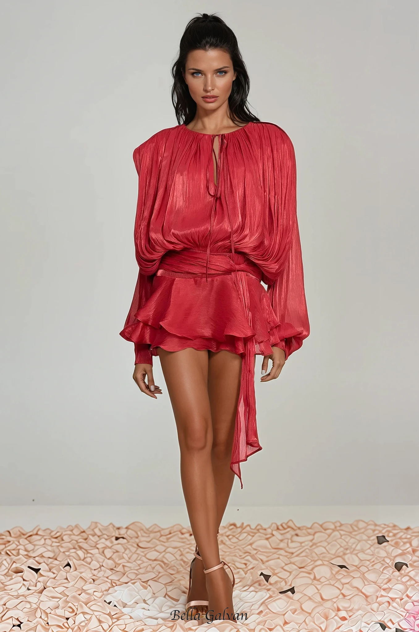 hermosa Balloon Sleeve Ruch Ruffle Mini Dress In Red