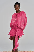 hermosa Balloon Sleeve Ruch Ruffle Mini Dress In Rose Red