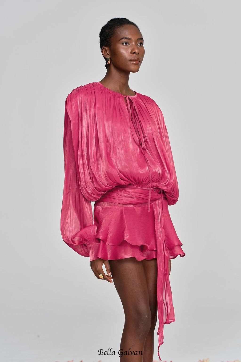 hermosa Balloon Sleeve Ruch Ruffle Mini Dress In Rose Red