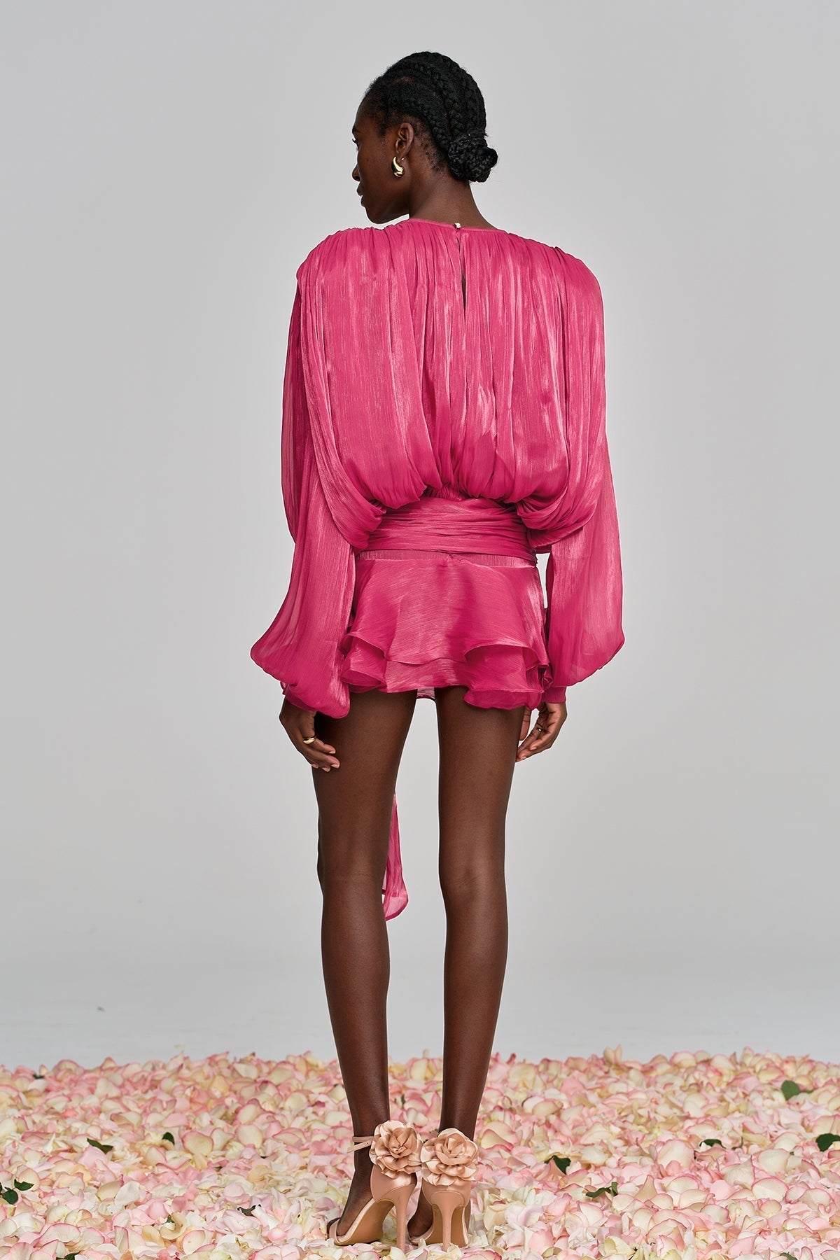 hermosa Balloon Sleeve Ruch Ruffle Mini Dress In Rose Red
