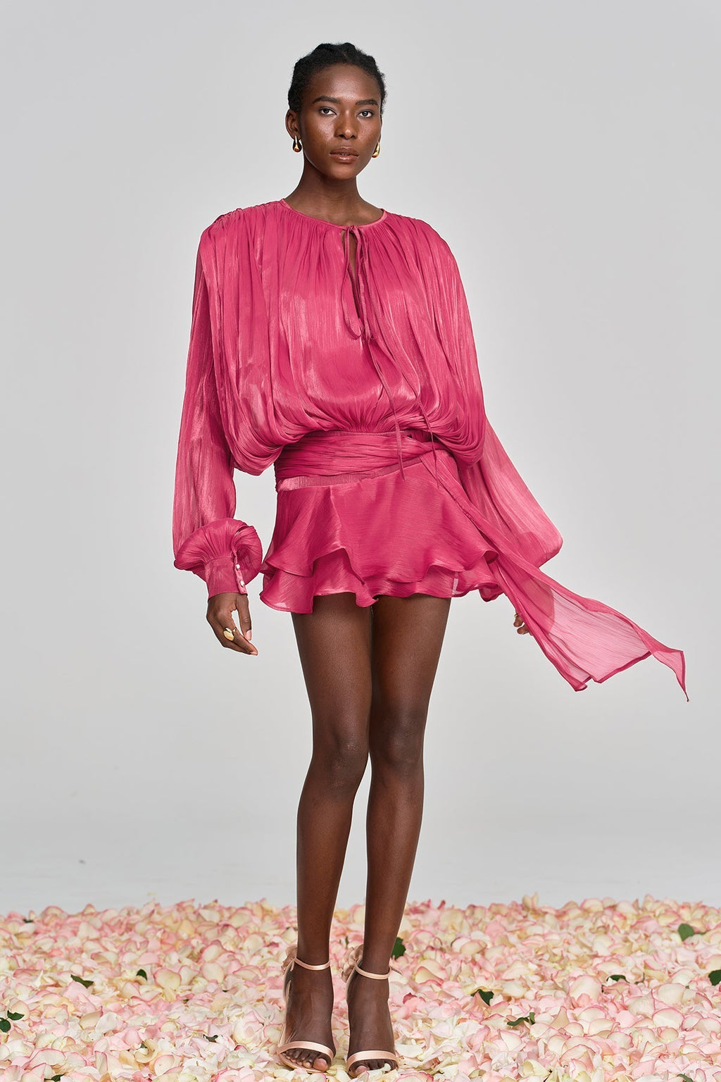 hermosa Balloon Sleeve Ruch Ruffle Mini Dress In Rose Red