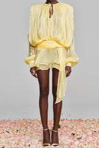hermosa Balloon Sleeve Ruch Ruffle Mini Dress In Yellow