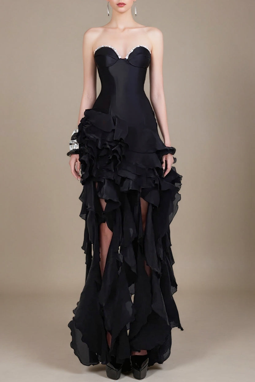 Sabrina Ruffle Crystal Strapless Midi Dress In Black