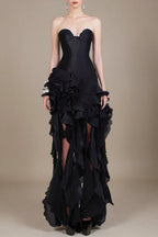 Sabrina Ruffle Crystal Strapless Midi Dress In Black