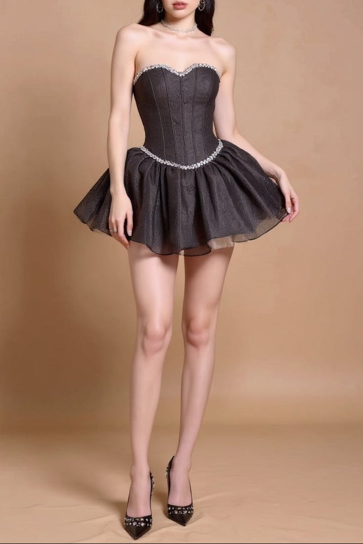Debby Tube Top Fishbone Mesh Tulle Tutu Mini Dress In Black