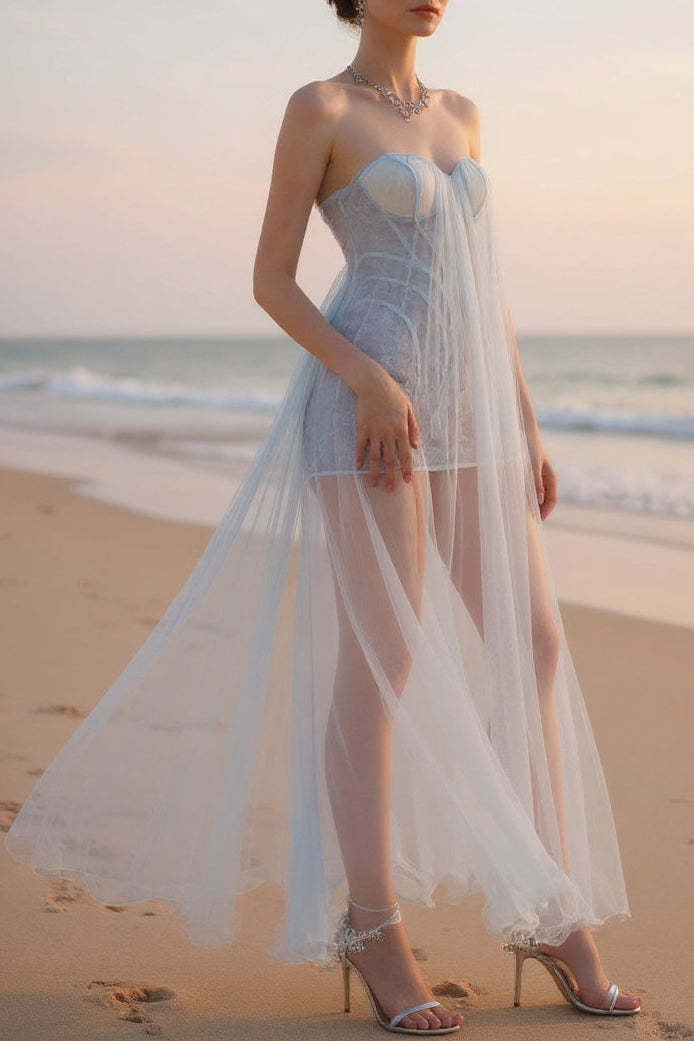 Flowering Girl Women Thea Strapless Mesh Backless Maxi Dress In Light Blue