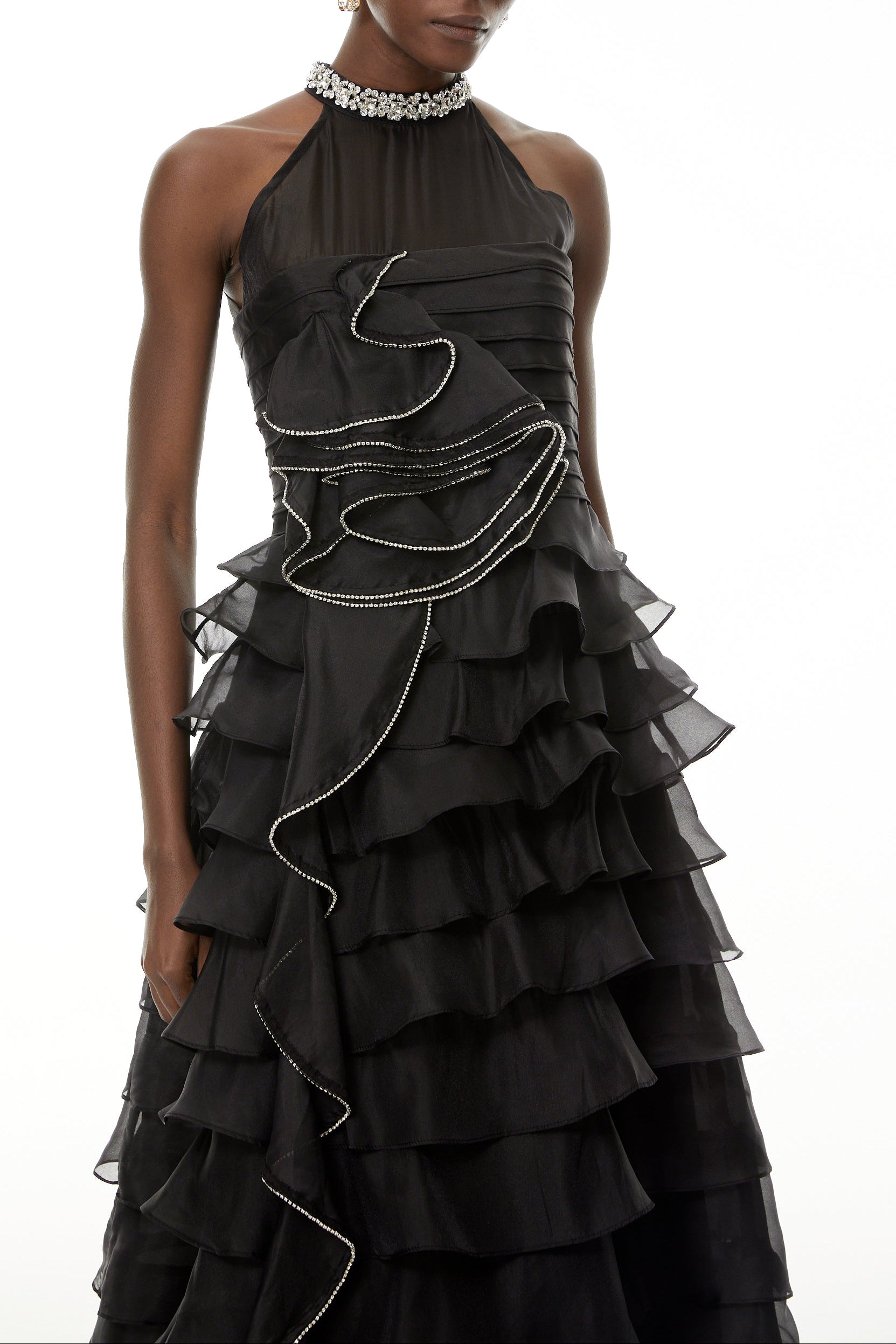 samantha Black 3D Petal Ruffled rhinestone embellished Maxi Dress