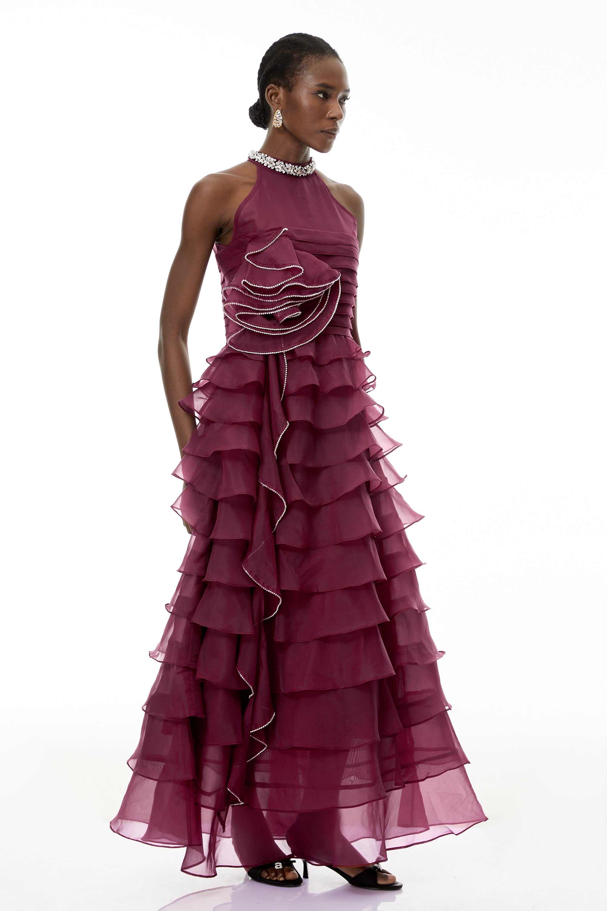 samantha Red 3D Petal Ruffled rhinestone embellished Maxi Dress