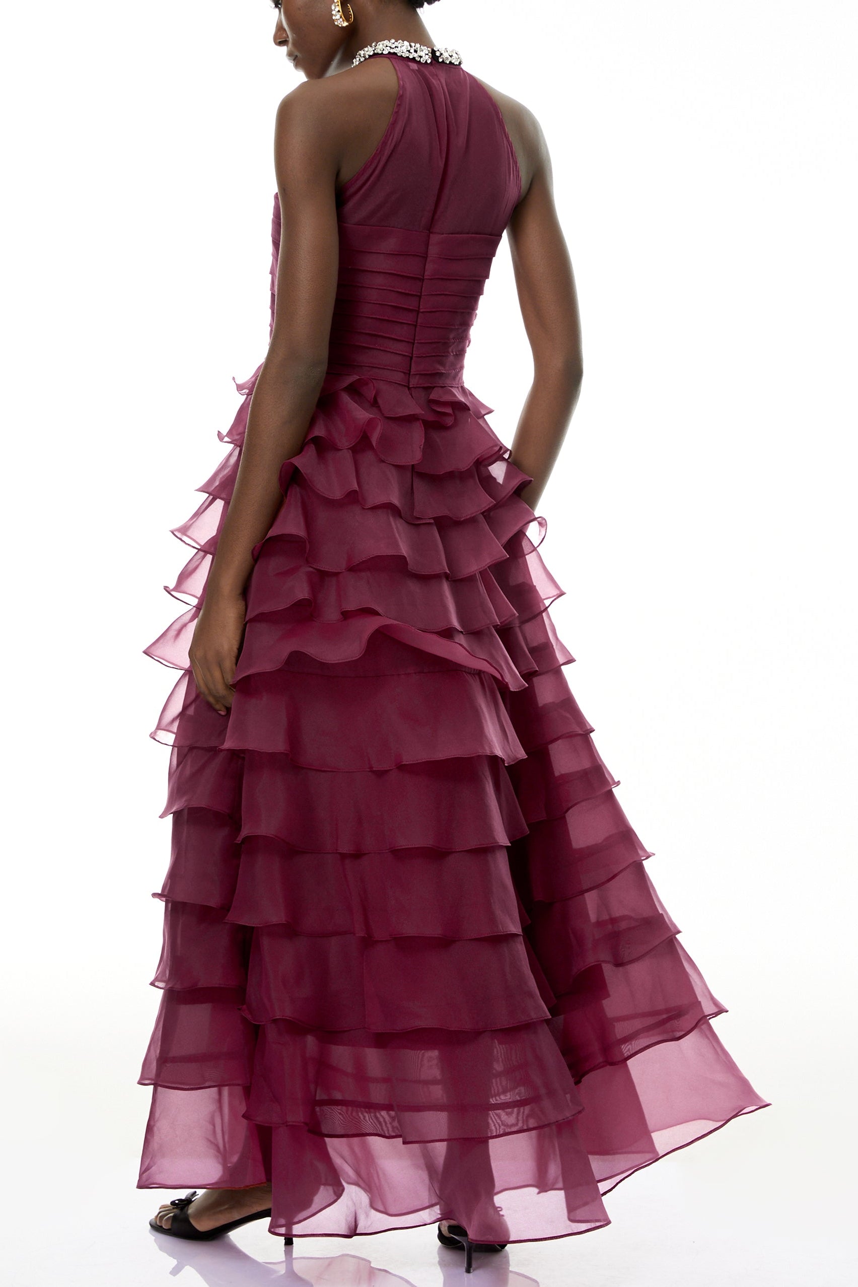 Samantha Red 3D Petal Ruffled Rhinestone Embellished Maxi Dress