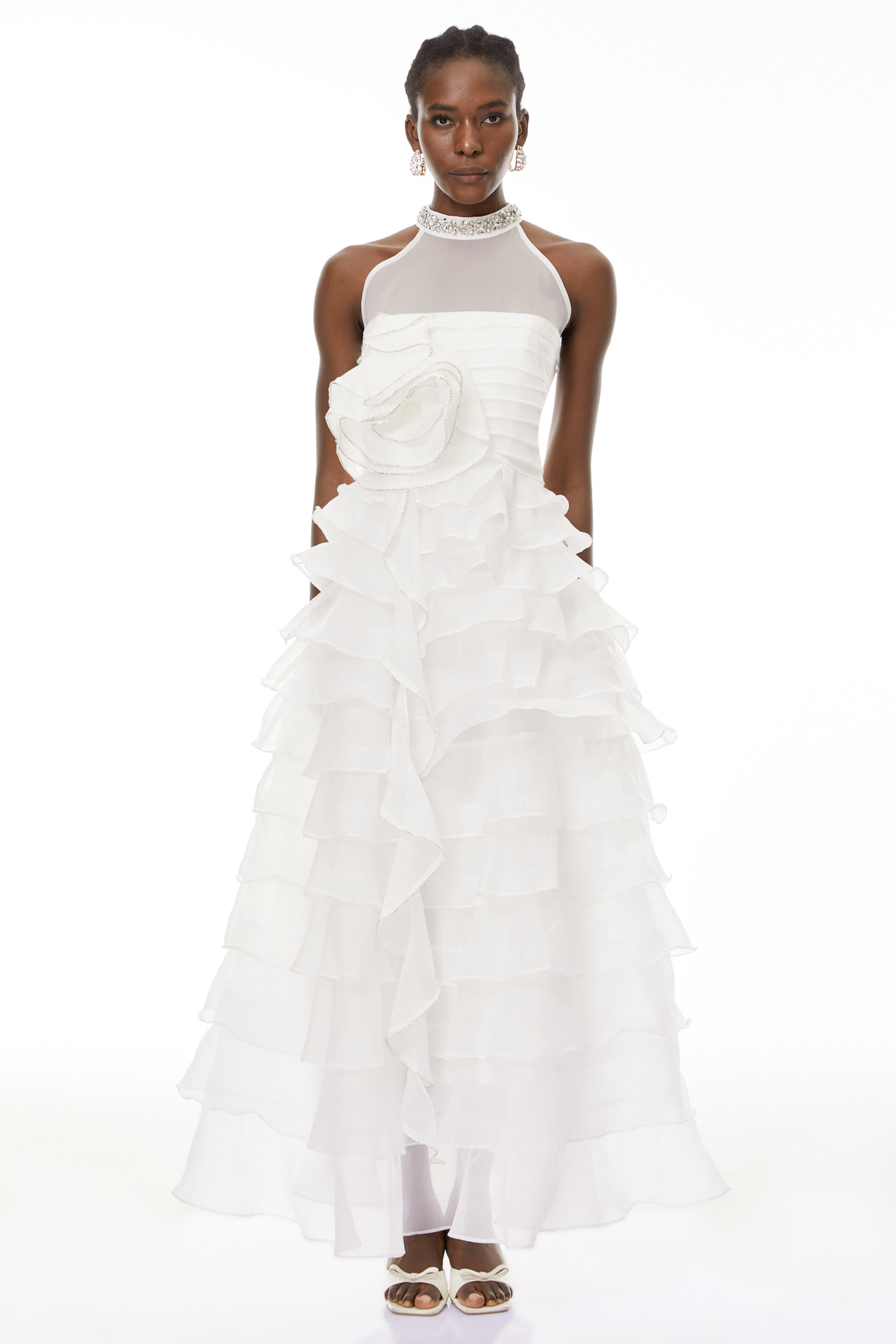 samantha White 3D Petal Ruffled rhinestone embellished Maxi Dress