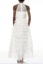 samantha White 3D Petal Ruffled rhinestone embellished Maxi Dress