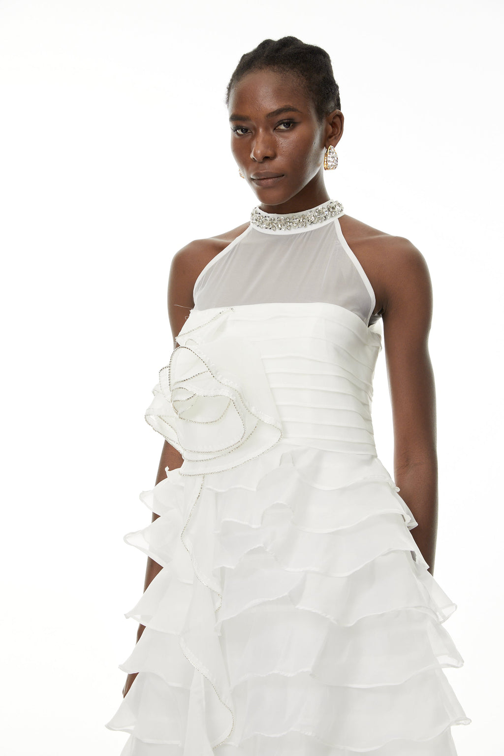 samantha White 3D Petal Ruffled rhinestone embellished Maxi Dress