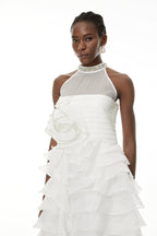 samantha White 3D Petal Ruffled rhinestone embellished Maxi Dress