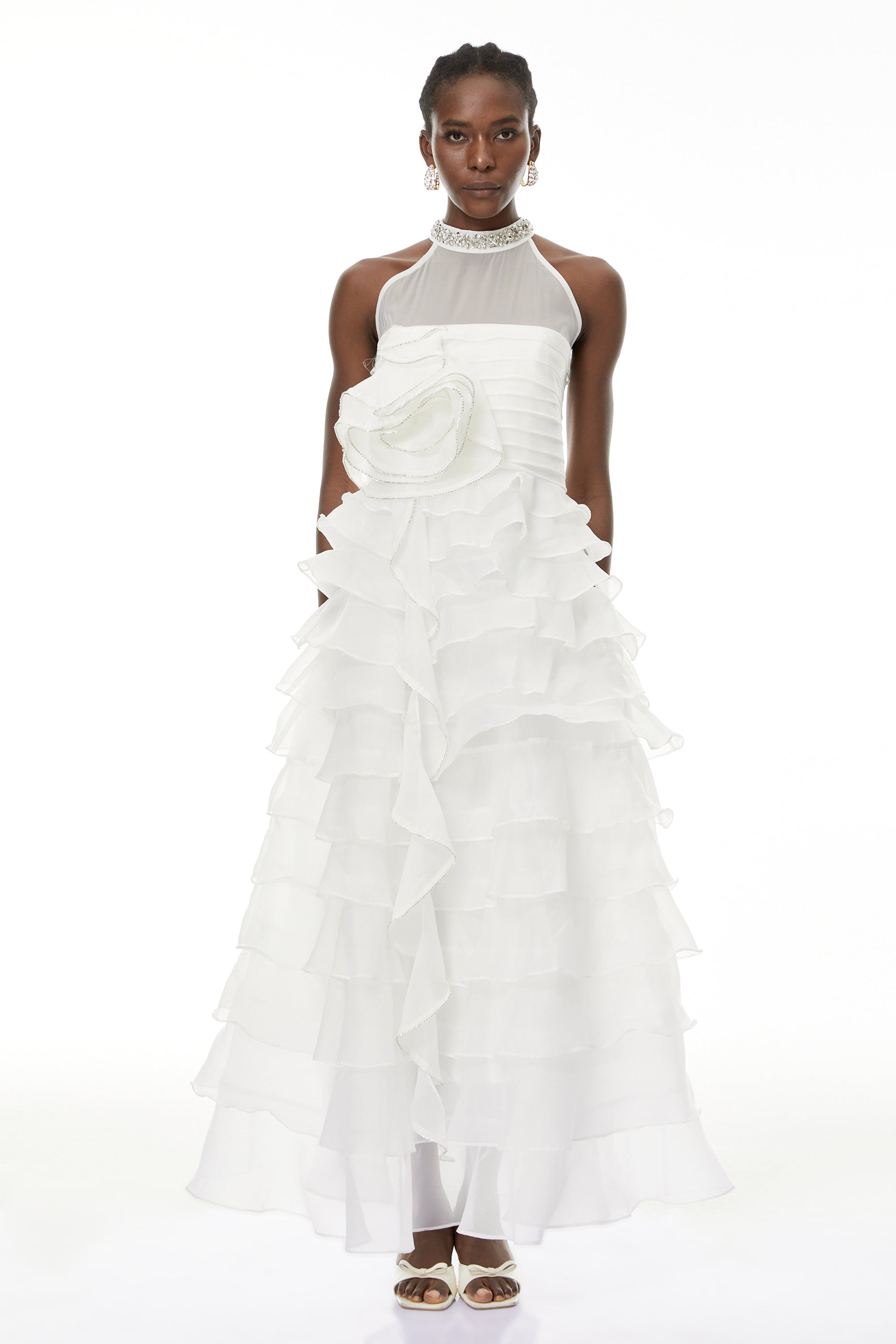 samantha White 3D Petal Ruffled rhinestone embellished Maxi Dress