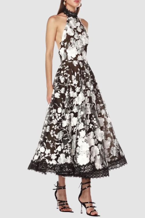 Flowering Girl Women Alyssa Black Halter Floral Embroidered Midi Dress
