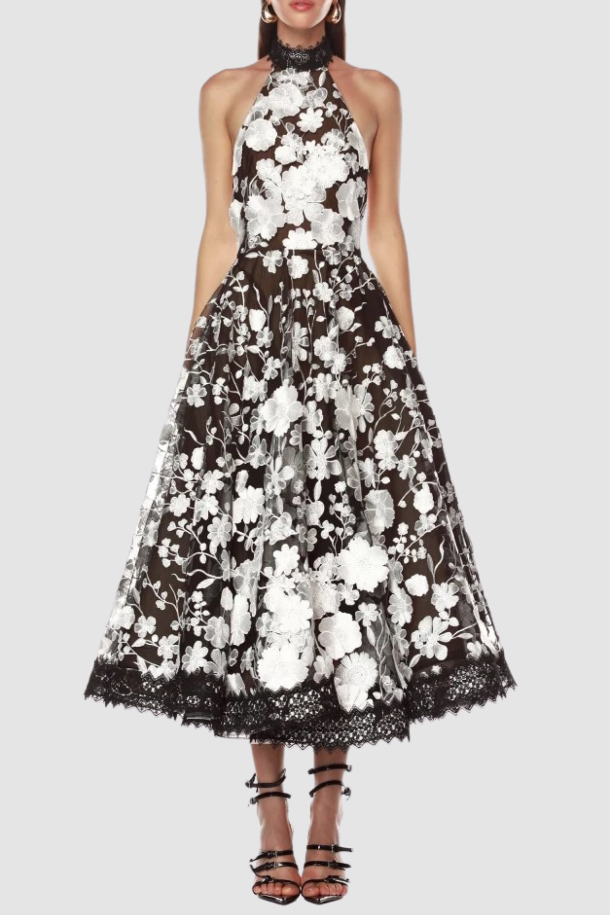 Flowering Girl Women Alyssa Black Halter Floral Embroidered Midi Dress