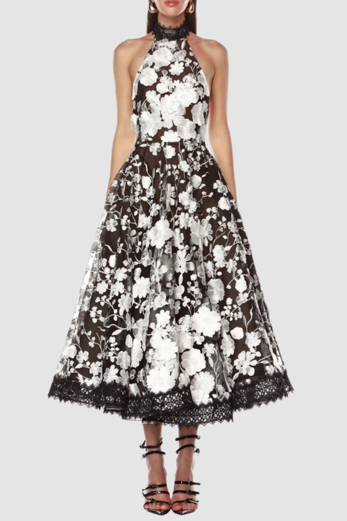 Flowering Girl Women Alyssa Black Halter Floral Embroidered Midi Dress