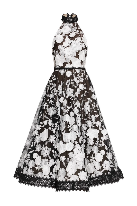 alyssa black Halter Floral Embroidered Midi Dress