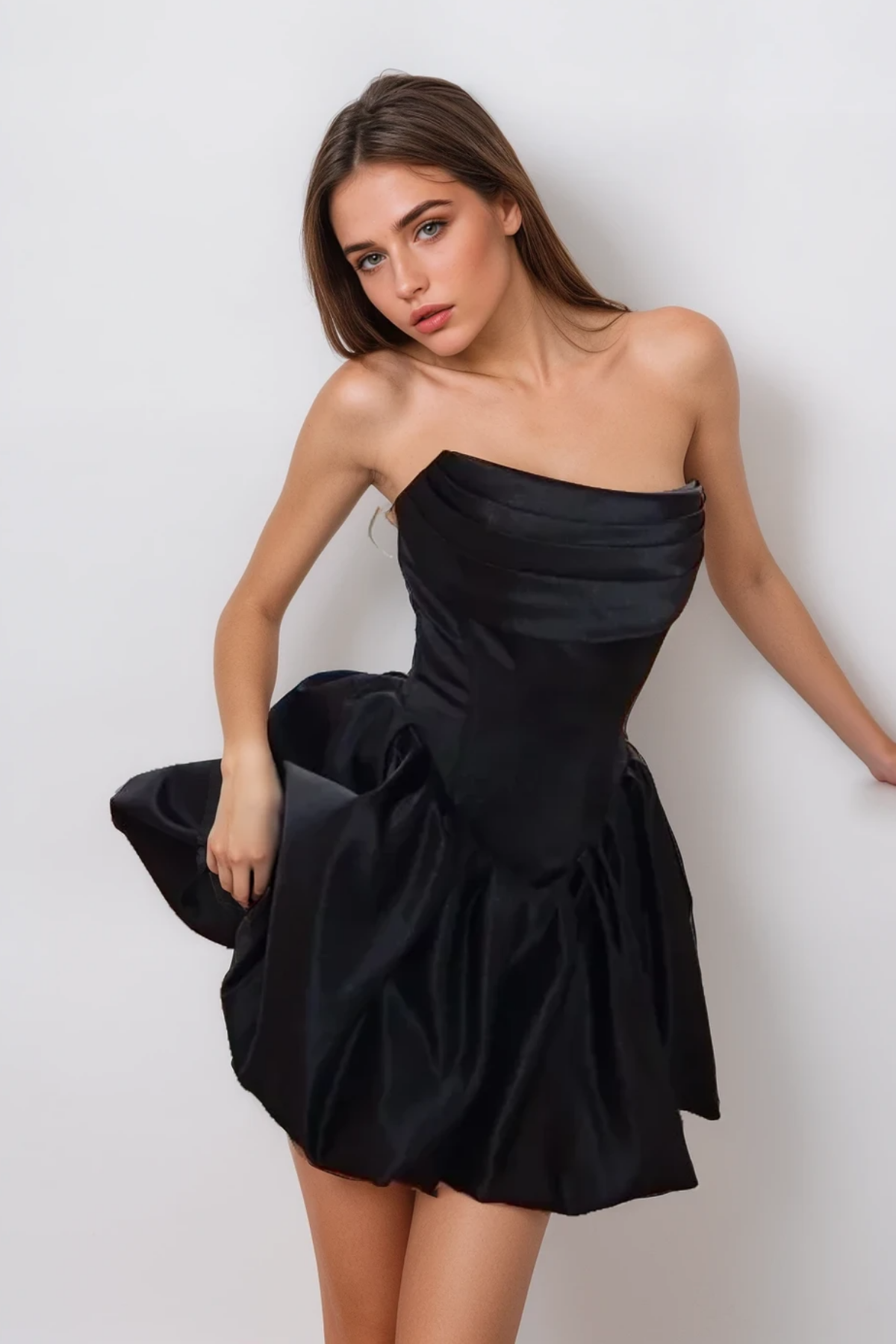Flowering Girl Women Angela Strapless Ruch Ruffle Satin Mini Dress In Black