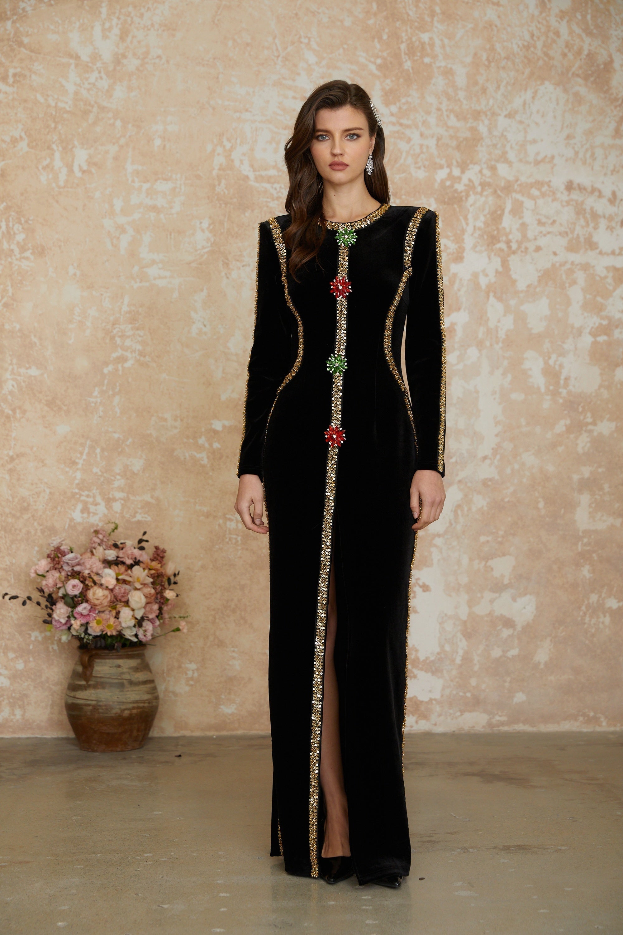 Flowering Girl Women lydia Black Crystal Embellished Front Slit Maxi Dress