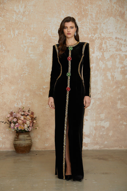 lydia Black Crystal Embellished Front Slit Maxi Dress