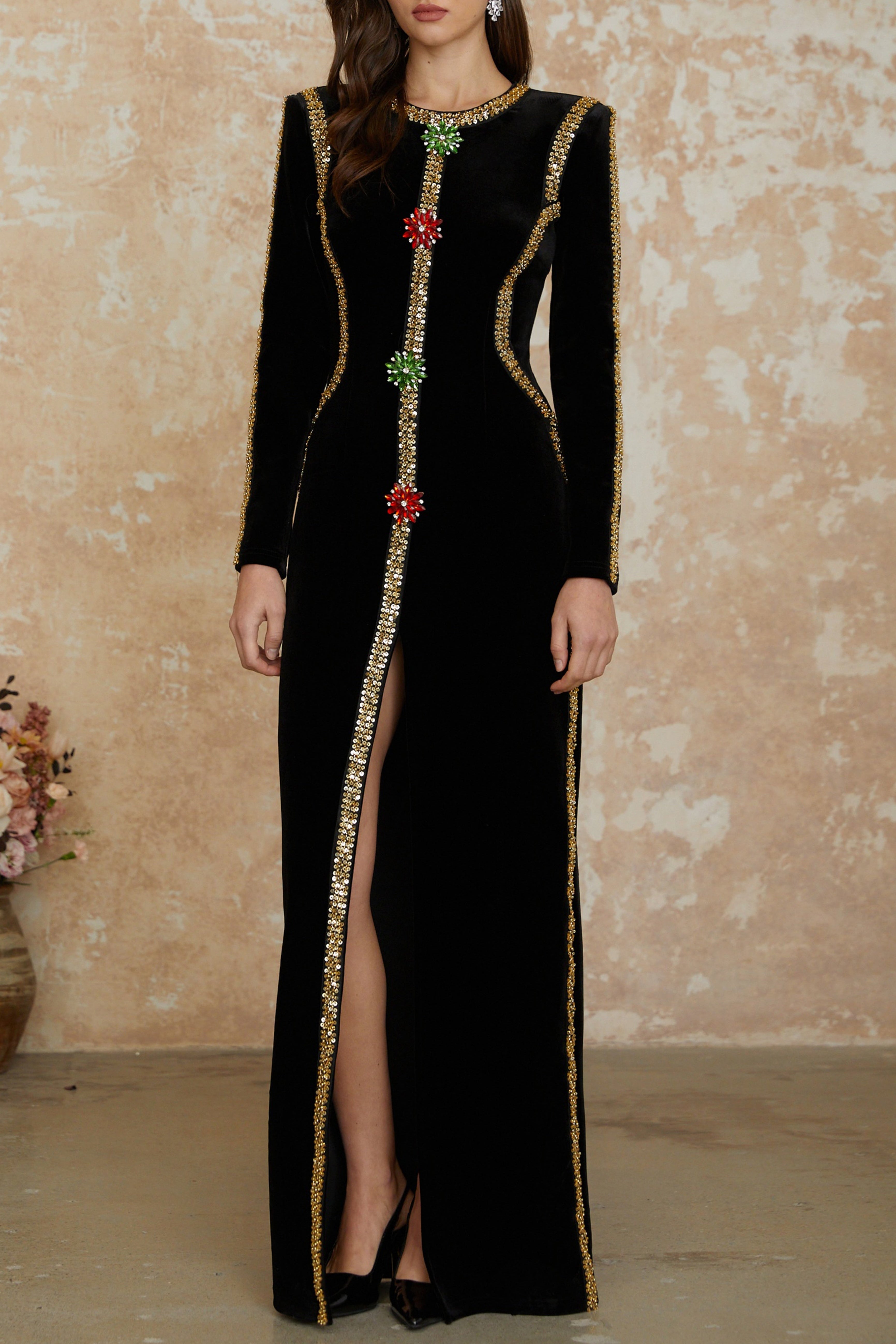 Flowering Girl Women lydia Black Crystal Embellished Front Slit Maxi Dress