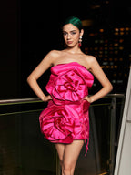 Flowering Girl Women STRAPLESS FLOWER MINI DRESS IN HOT PINK