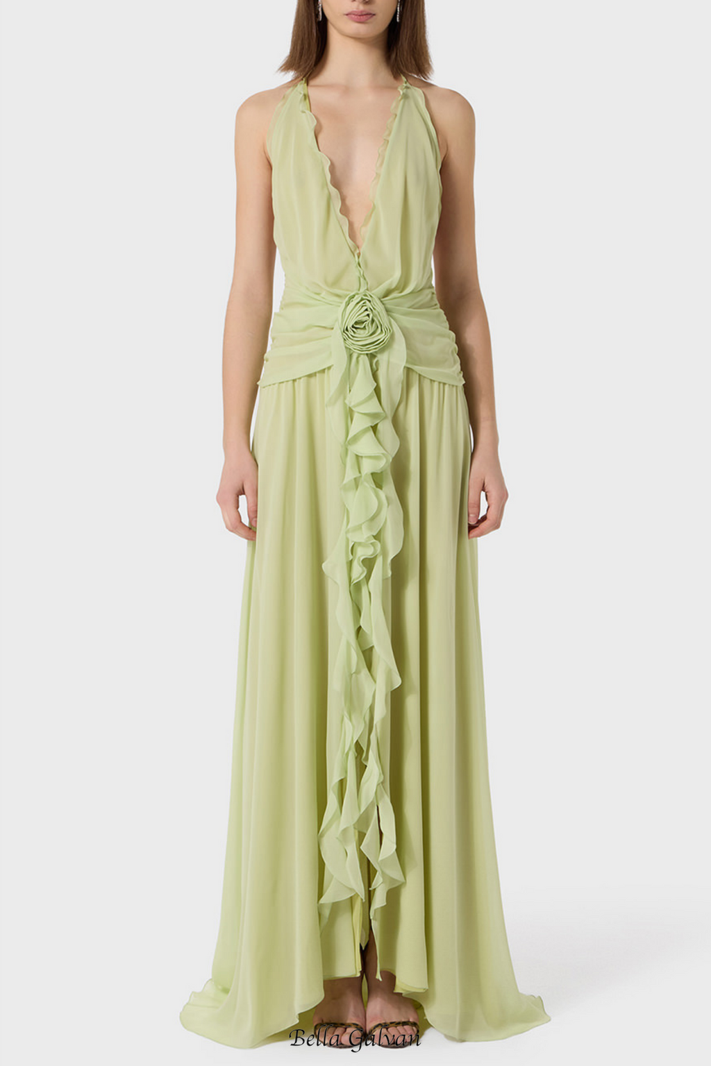 Flowering Girl Women Aonaver Floral Ruffle Halter Maxi Dress in Green