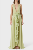 Flowering Girl Women Aonaver Floral Ruffle Halter Maxi Dress in Green
