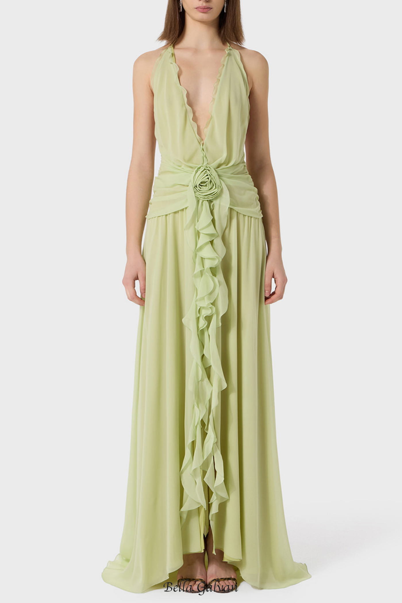 Flowering Girl Women Aonaver Floral Ruffle Halter Maxi Dress in Green