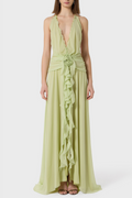 Flowering Girl Women Aonaver Floral Ruffle Halter Maxi Dress - Green