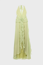 Flowering Girl Women Aonaver Floral Ruffle Halter Maxi Dress in Green
