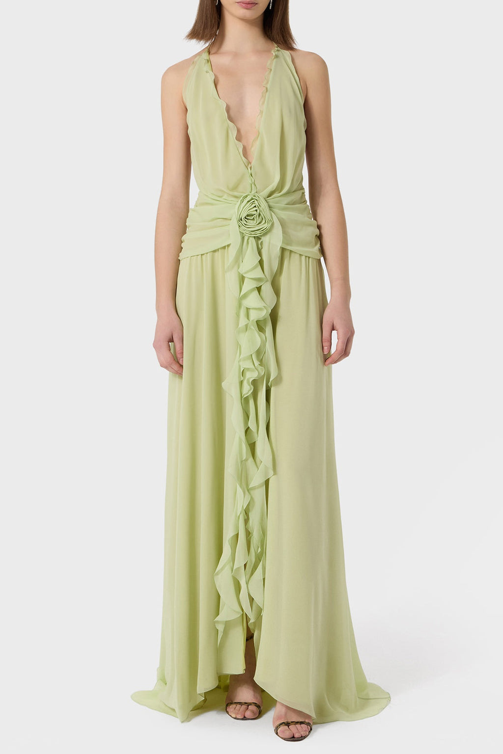 Flowering Girl Women Aonaver Floral Ruffle Halter Maxi Dress - Green