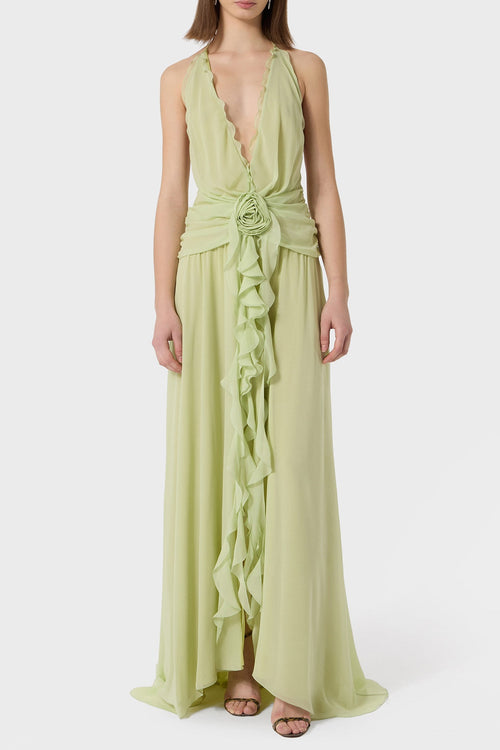 Flowering Girl Women Aonaver Floral Ruffle Halter Maxi Dress - Green