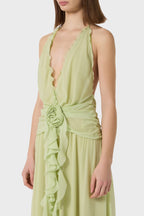 Flowering Girl Women Aonaver Floral Ruffle Halter Maxi Dress in Green
